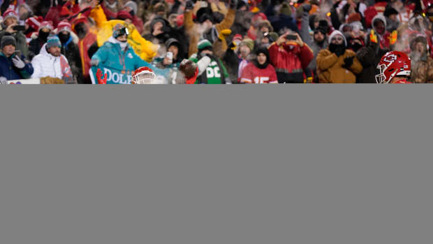 Jan 13, 2024; Kansas City, Missouri, USA; Kansas City Chiefs wide receiver Rashee Rice (4) celebrates his touchdown scored against the Miami Dolphins during the first half of the 2024 AFC wild card game at GEHA Field at Arrowhead Stadium. Mandatory Credit: Jay Biggerstaff-USA TODAY Sports  